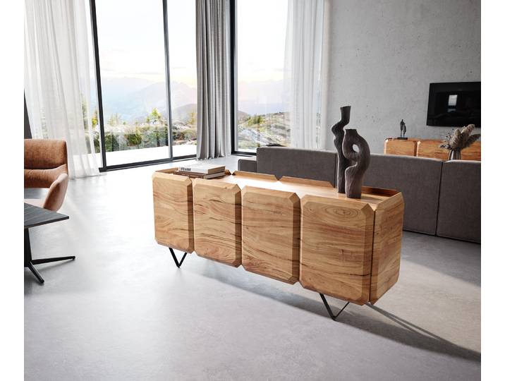 DELIFE Sideboard Kiano 175 cm Akazie Natur 4 Türen V-Fuß Schwarz Raumteiler