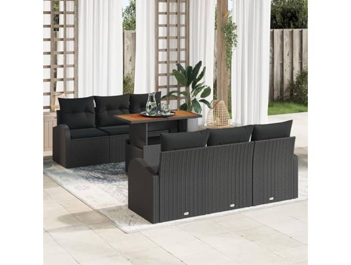HEFZGDB 7-teiliges Garten Esszimmer Set mit Kissen in Schwarz Poly Rattan Akazie für 6 Personen, Wetterfestes Outdoor Möbel Set mit Stauraum und waschbaren Bezügen für Terrasse