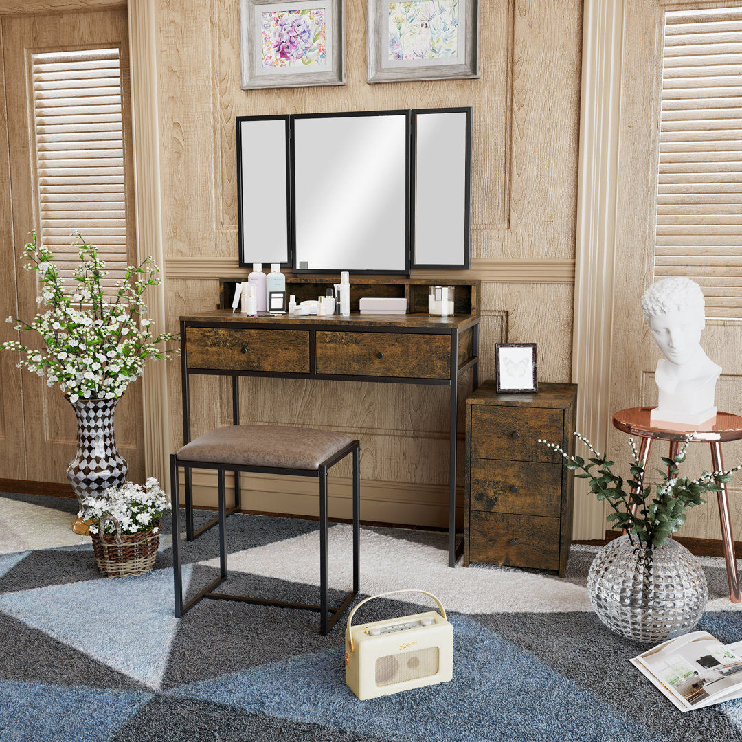 Alpen Home Kimberlee Dressing Table with Mirror Brown 141.6cm H X 90cm W X 39.9cm D