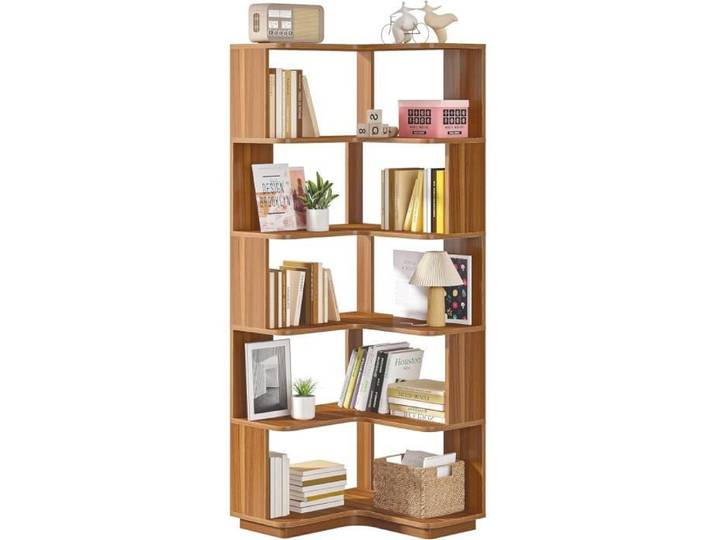 Bibliothèque d'angle à 6 niveaux - Finmind - étagère d'angle Industrielle de Haut étagère de Rangement pour salon Grain de bois