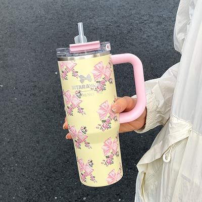 Uplifted Trends Floral Print Stainless Steel Tumbler With Straw Vacuum Insulated Ice Cold Retention Cup yellow