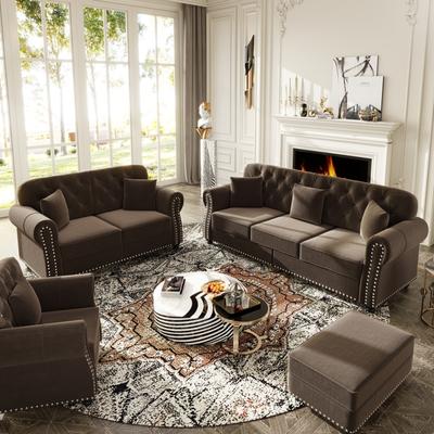 Loedds Velvet Chesterfield Sofa with Ottoman & Tufted Detail & Rolled Arms