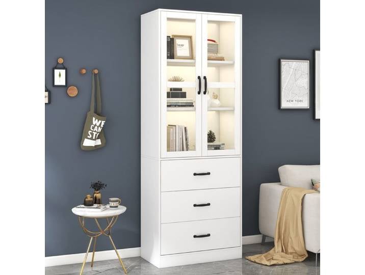 Vitrine haute blanche EVRYAE 200 cm 2 portes vitrées 3 tiroirs LED rangement salon