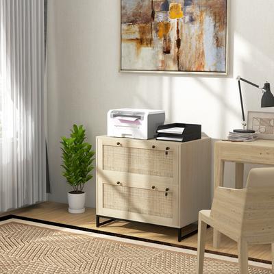 GREATPLANINC Wood Filing Cabinet with Lock, Rattan 2-Drawer Home Office Storage Cabinet with Adjustable Hanging Bar