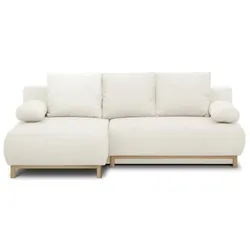 Mika, Sofa + Bettsofa, Ecksofa linksseitig - 3 Sitze - - Ecrufarbener Bouclé-Stoff - Aufbewahrungsbox (3-Sitzer, Ecksofa)