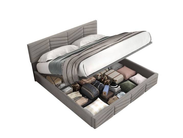 URTR Lit double capitonné coffre hydraulique velours rayé continental tête réglable 140x190 cm gris
