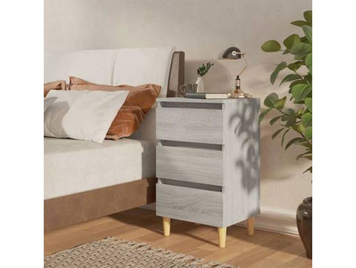 HEFZGDB Nachttisch mit Massivholz-Beinen Grau Sonoma 40x35x69 cm mit DREI Schubladen Stauraum und Vier Holzbeinen für Stabilität und skandinavischen Charme