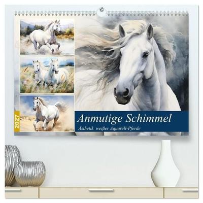 Anmutige Schimmel. Ästhetik weißer Aquarell-Pferde (hochwertiger Premium Wandkalender 2027 DIN A2 quer), Kunstdruck in Hochglanz