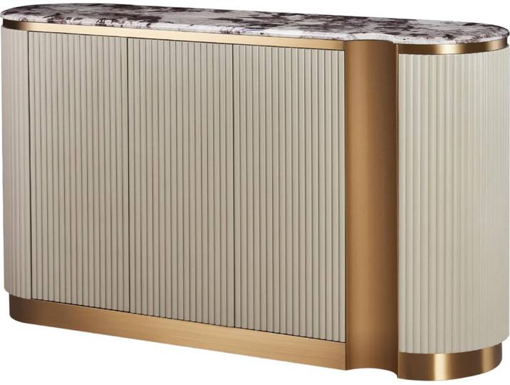FURNLUX Buffet Stylé Beige Et Marbre Blanc Et Or 158cm / Couleur principale : Beige / Dimensions : 158 x 88 x 40 cm