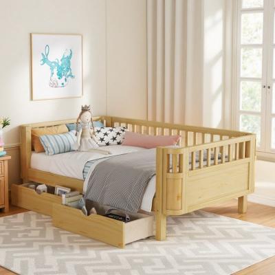 Full Size Wooden Kids Platform Bed with Safety Rails, Storage Drawers & Low Profile Solid Wood Frame