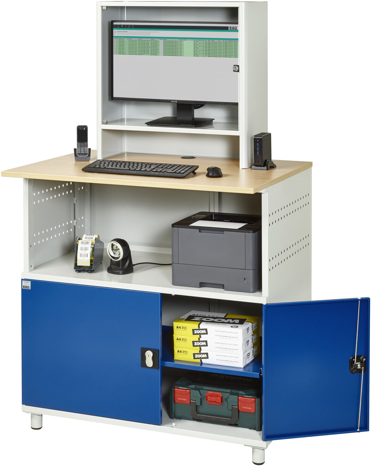 Rau Computer-Tisch 1022 mit Monitorgehäuse T300mm, B1100xT790xH1840mm (07-1022M3S.11)