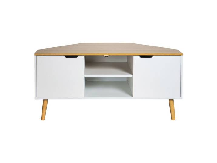 Meuble TV D'angle CORNY imitation chêne et blanc