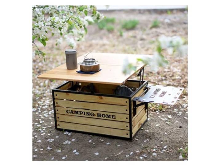 Campingbox Holz-Aufbewahrungsbox, multifunktionale faltbare Organizer-Aufbewahrungsbox mit erhöhter Tischplatte, tragbarer Outdoor-Camping-Picknicktisch mit Ablagefach for Lebensmittel, Snacks, Zuhaus