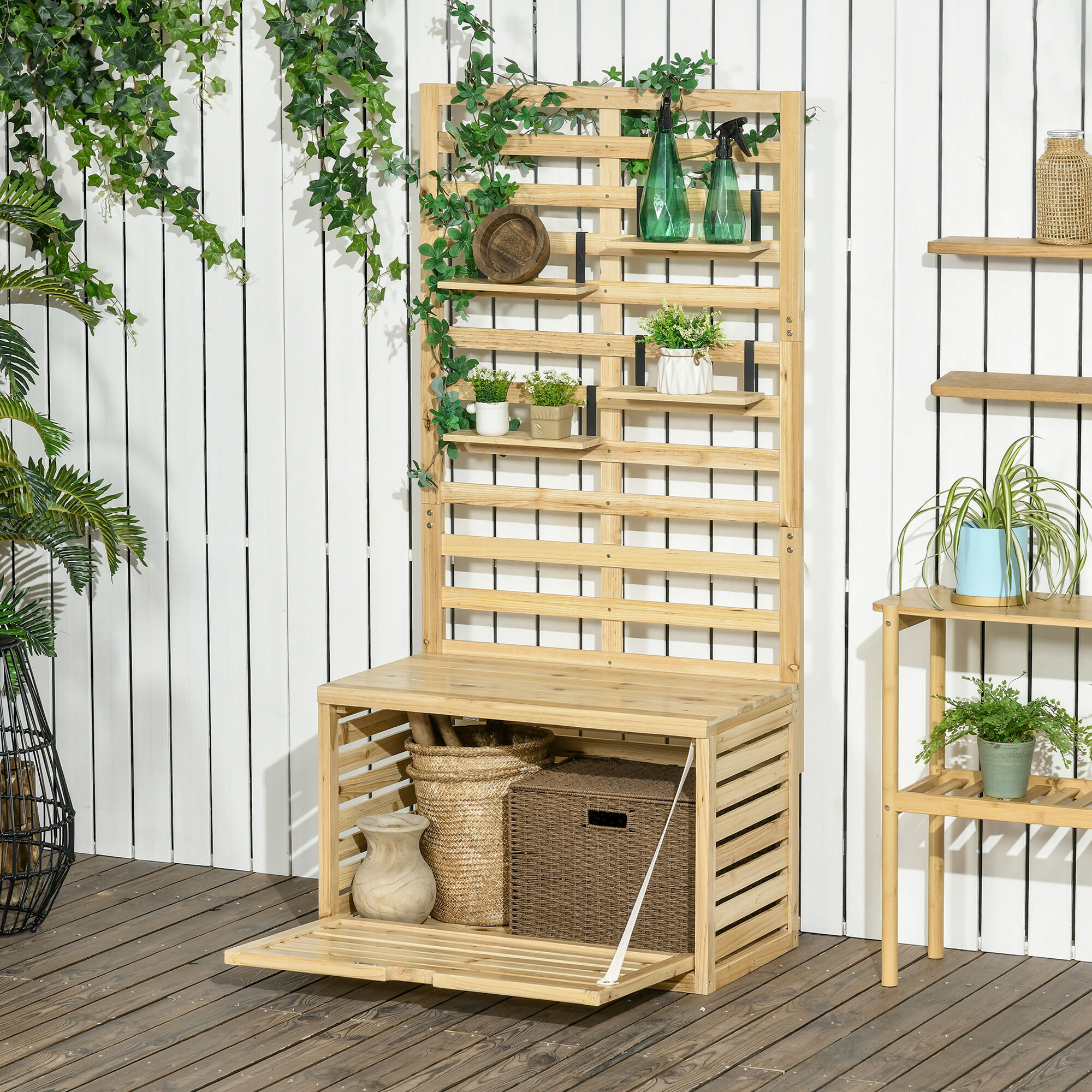 Altro Cassapanca Da Giardino Con Traliccio E 4 Ripiani In Legno Con Chiusura Magnetica, 80x45x160 cm