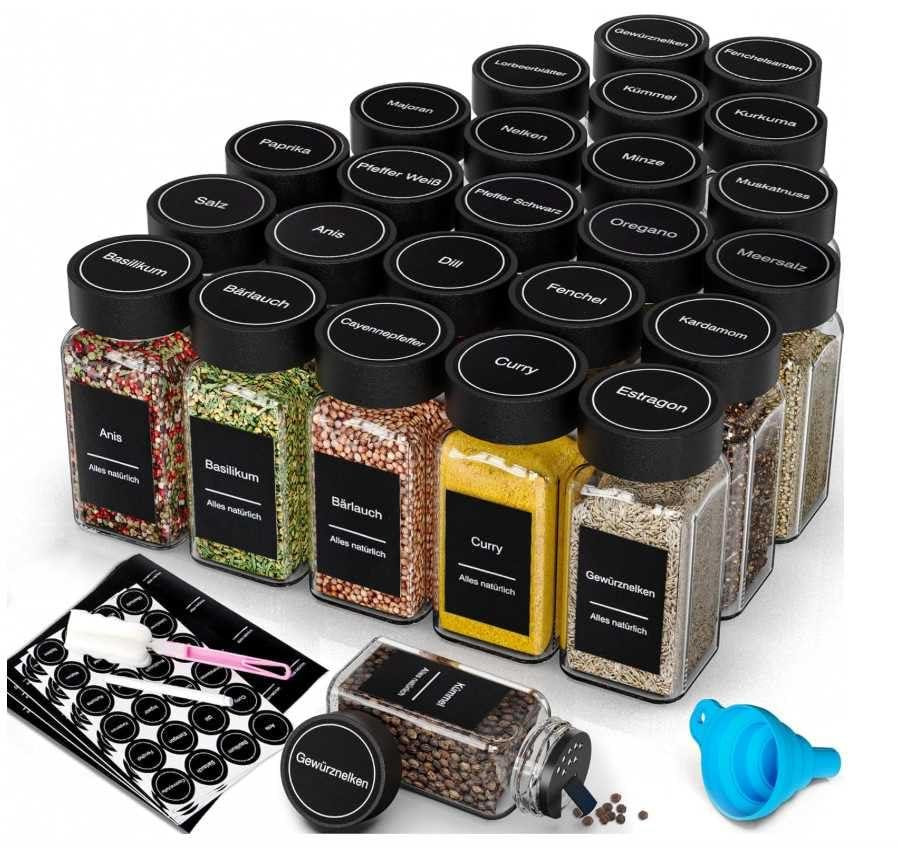 oCreon Set van 24 Vierkante Kruidenpotjes van Glas met Etiketten en Trechter, 120 ml