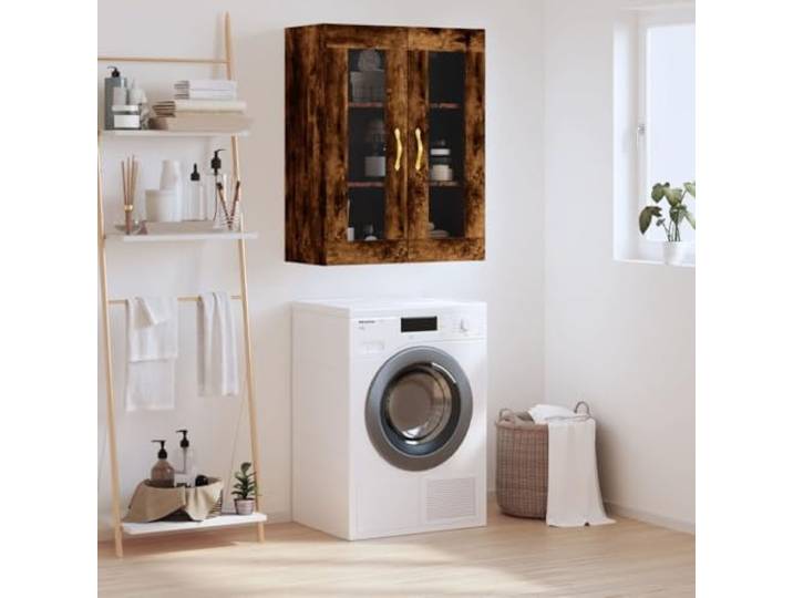 Jkghdrt Wandschrank Räuchereiche 69,5x34x90 cm Hängeschrank mit Glastüren Wandmontage, Glastüren, Holzwerkstoff, Räuchereiche, vielseitig als Highboard nutzbar