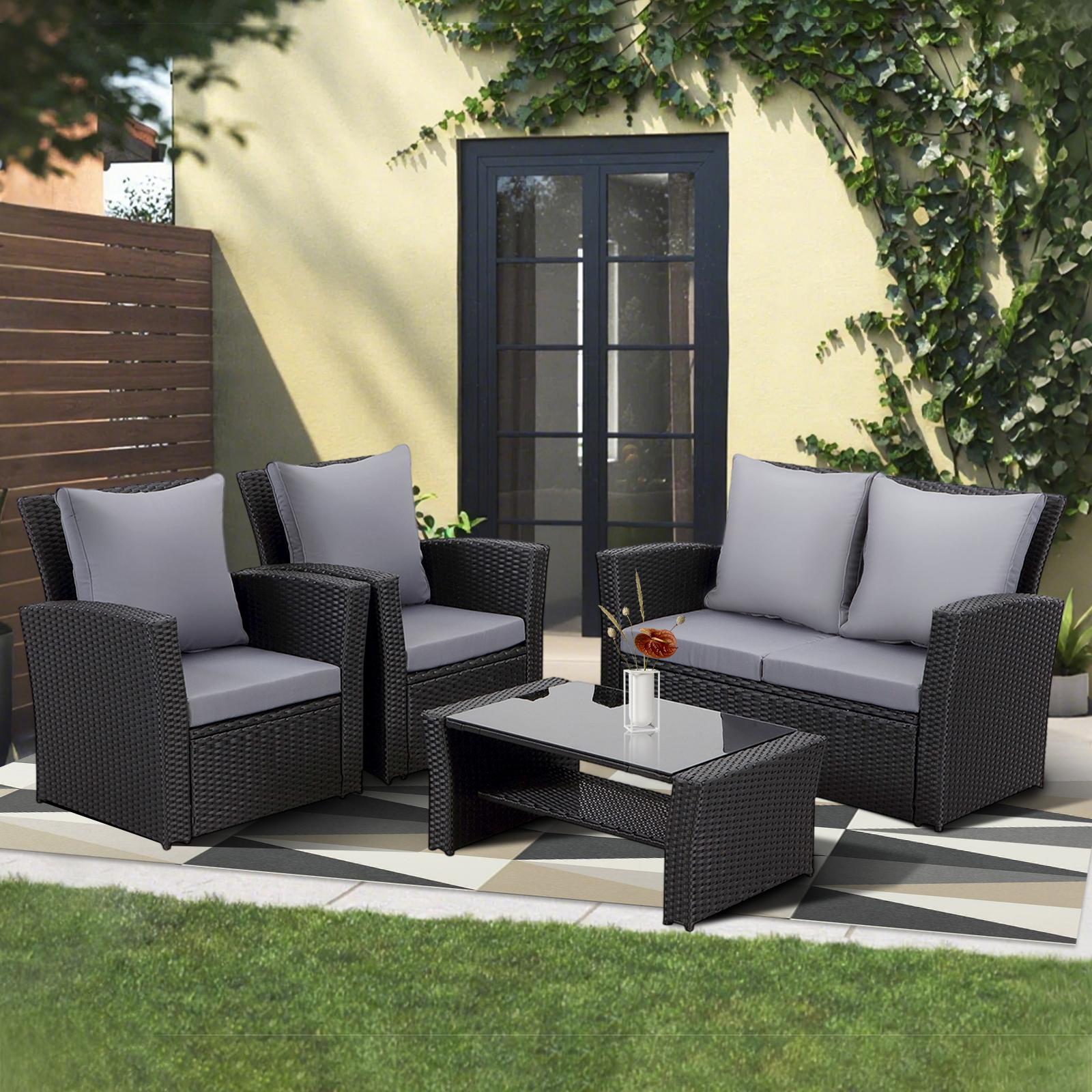MeXo Gartenmöbel Set Lounge Set Polyrattan Lounges 4-teile für 3-4 Personen Garten & Balkon Sitzmöbel-Set schwarz