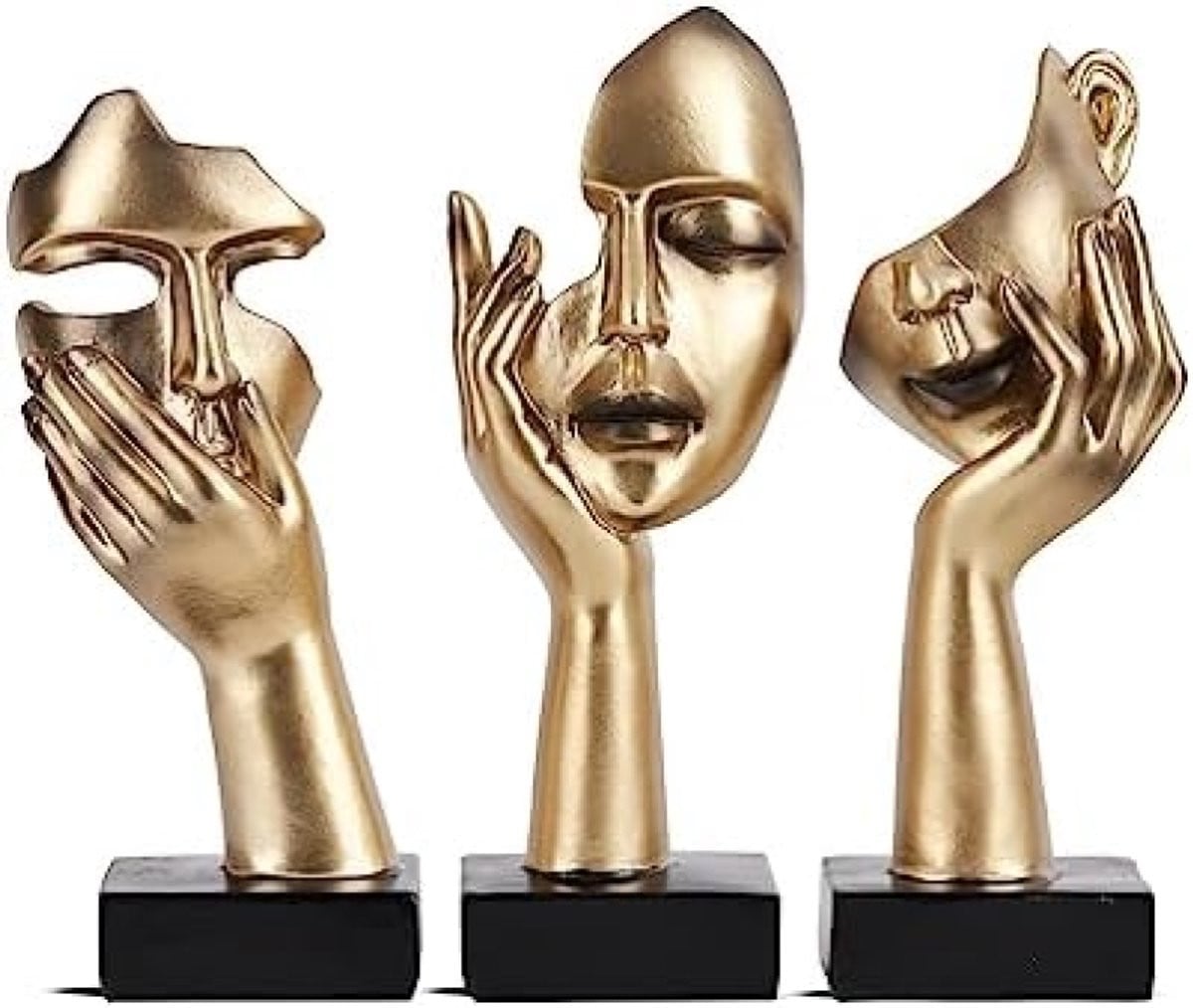 Set van 3 abstracte denker kunstbeeldjes in goud en zwart, moderne decoratieve sculpturen van resin voor op een bureau of boekenplank