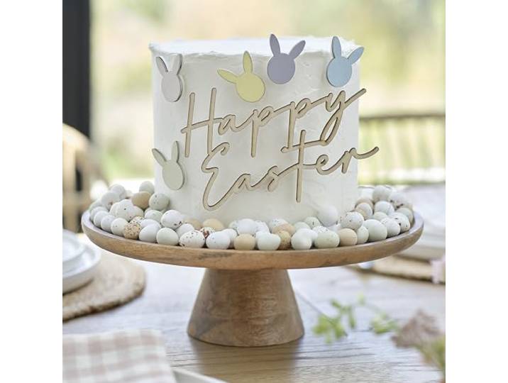Ginger Ray 'Happy Easter' houten paastaartdecoratie met 5 x haaskop uitgesneden decoraties