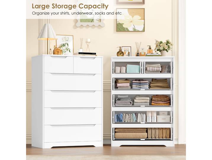Kommode Weiß, Kommode mit 6 schubladen, Buffet Highboard mituden Stauraum, Komodenschrank Jaya Schlafzimmer, Wohnzimmer, Flur