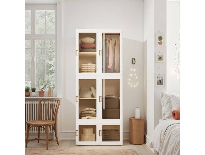 Armoire de Chambre Pliable 104x50x136cm Portes Transparentes Anti-poussière Structure Intégrée Haute Capacité Penderie PP