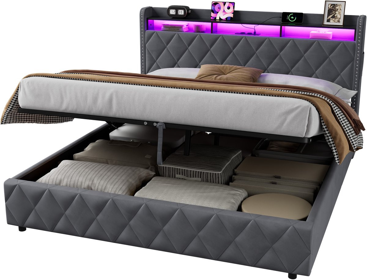 MODENUIT Gestoffeerd Bed met USB-aansluiting en Opberg Hoofdbord, Donkergrijs, 180 x 200 cm