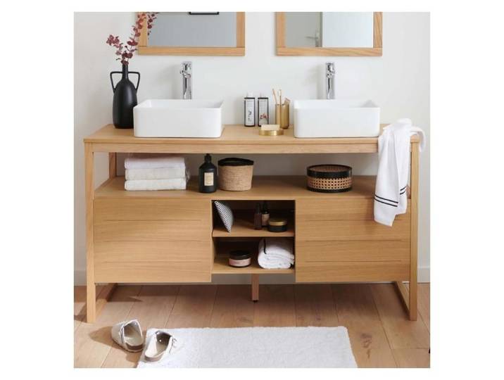 Meuble ATOLL double 140cm chêne avec vasques carrées blanches