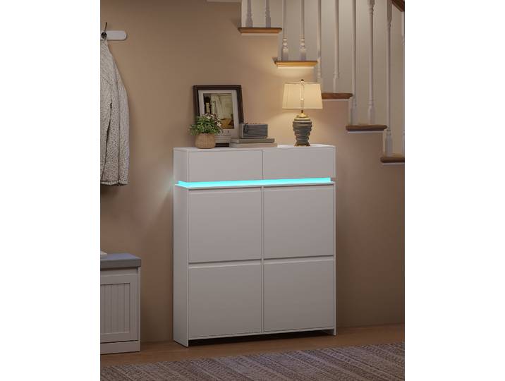Meuble à chaussures avec 4 portes battantes, meuble à chaussures fin avec éclairage LED, étagère à chaussures, séparateur réglable, capacité 20 paires de chaussures, pour entrée