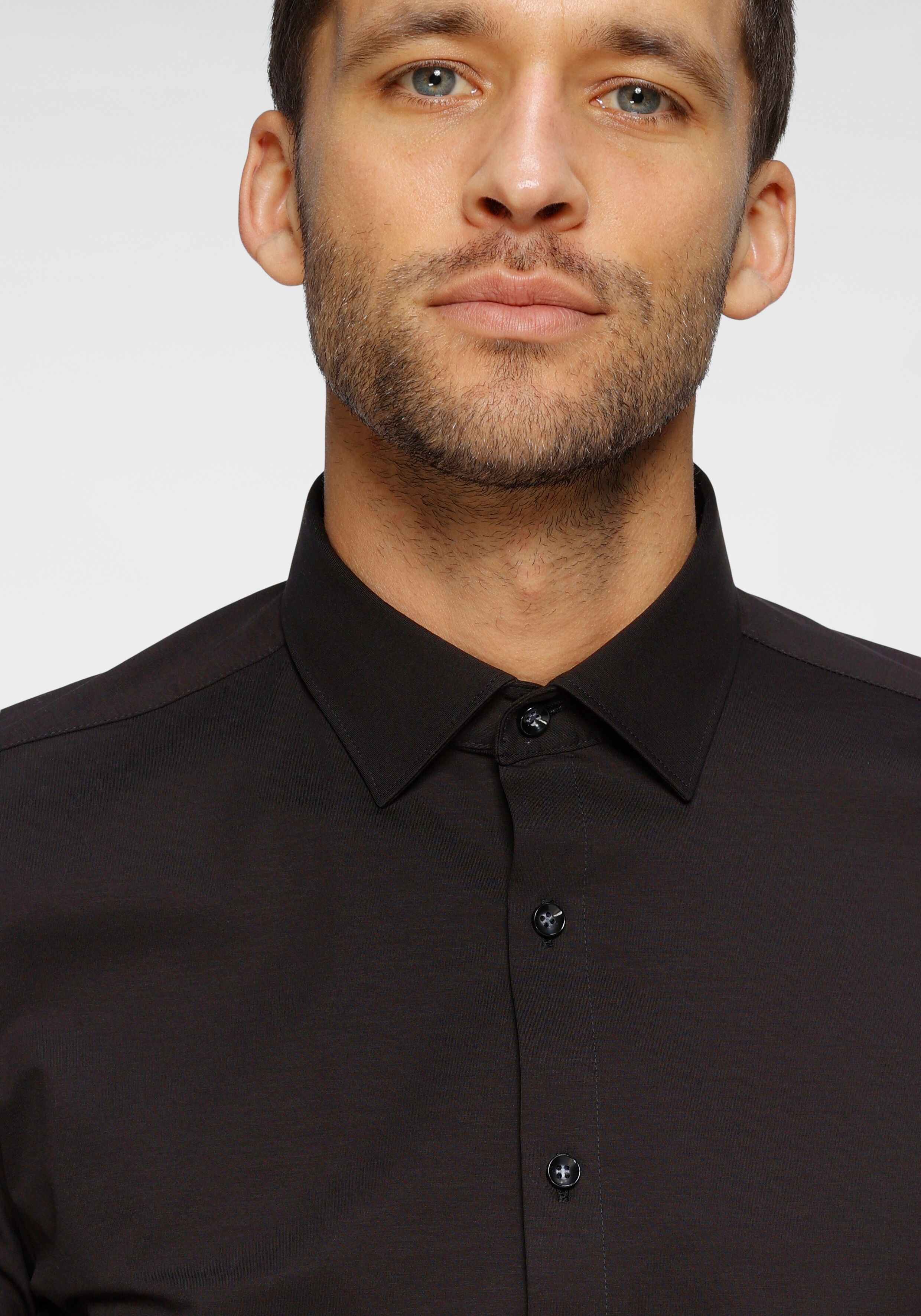 Businesshemd OLYMP "No. Six 24/Seven super slim", Herren, Gr. 36, N-Gr, schwarz, Web, Obermaterial: 92% Baumwolle, 8% Elasthan, sehr schmal, Hemden Businesshemd, in bequemer Jersey-Qualität schwarz 36, N-Gr