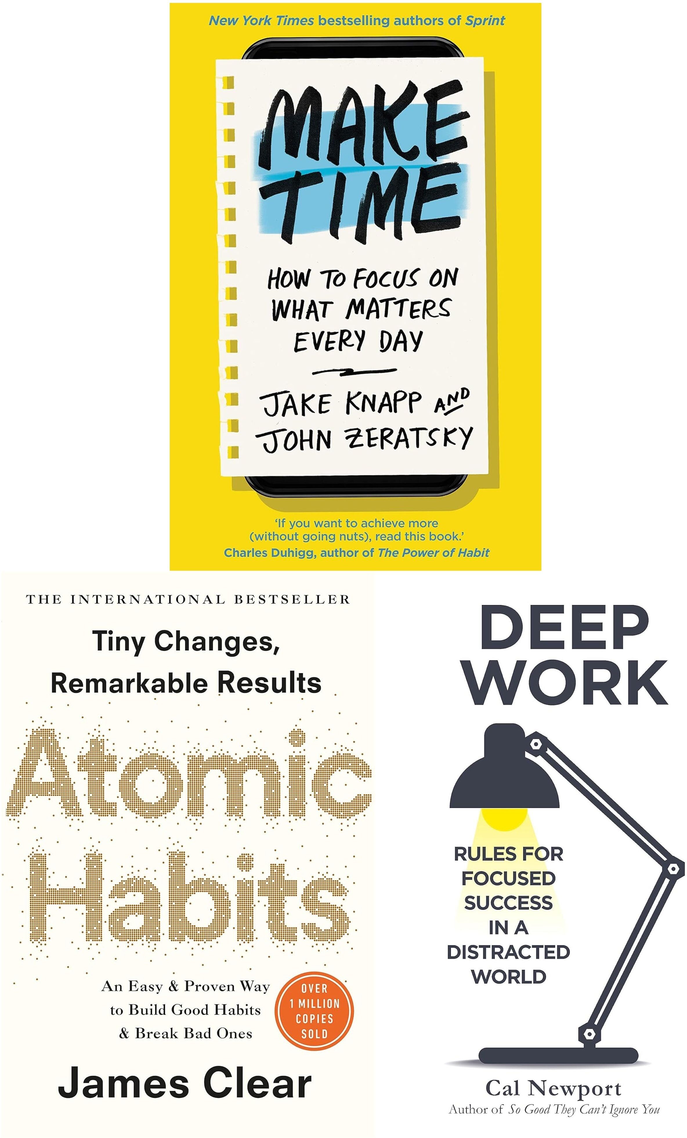 Bantam Press Make Time, Deep Work and Atomic Habit 3 Books Collection Set by Jake Knapp, John Zeratsky, Cal Newport, James Clear