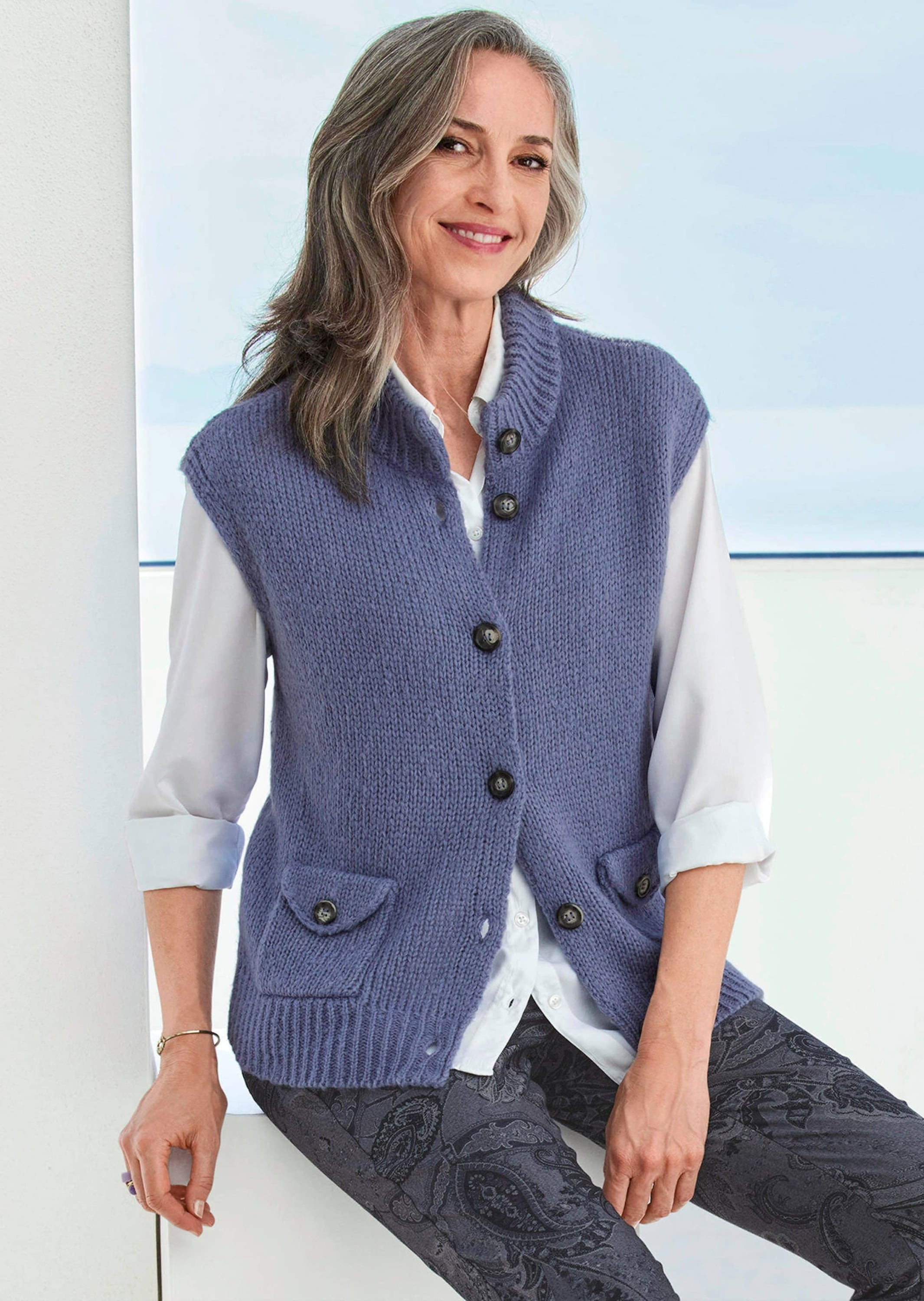 Strickjacke GOLDNER "Stilvoller Strickpullunder, Stehkragen", Damen, Gr. 40, blau (schieferblau), Obermaterial: 100% Polyacryl PAN., gerade, keine/nicht relevant, Strickjacken Strickjacke, keine/nicht relevant