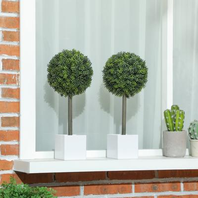 HOMCOM Lifelike Artificial Plants Set of 2, 1.5FT Fake Boxwood Topiary Balls with 114 PE Leaves, Potted Faux Trees, Green
