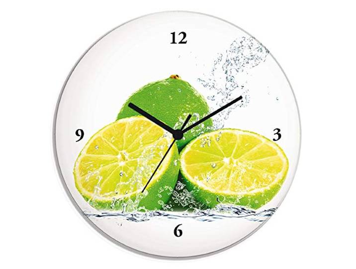 ARTLAND Wanddeko Wanduhr ohne Tickgeräusche Glas Quarzuhr Ø 30 cm Rund Lautlos Obst Früchte Limette im Wasser Modern Food T5SN