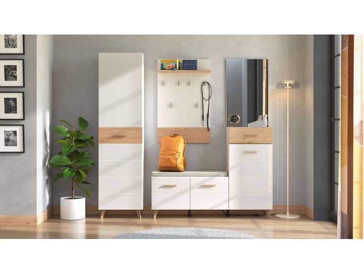 Garderoben-Set HOME AFFAIRE Sein Kompaktgarderobe, Flurgarderobe, Dielenschrank, Hochglanzfronten , weiss (opaque weiß), B:192,5cm H:189,5cm T:35cm, Glas, Hartfaserplatte, Holzwerkstoff, Kunststoff, MDF, Metall, Kastenmöbel-Sets, Garderoben-Set, Gardreobenschrank, Schuhschrank, Sitzbank, Garderobenpaneel & Spiegel
