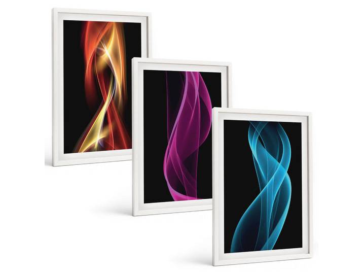 Tulup Bilder SET 3er Set - 40x60 cm Weißer Rahmen - Neonwellenlinien auf dunklem Hintergrund, Kunststoff, Rechteckig, 40x60 cm, Fotografie, Bilder & Rahmen, Bilder