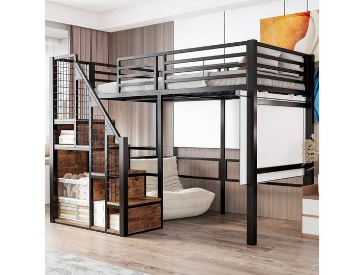 Lit mezzanine - 90x200 cm - Cadre métal noir - Rangement intégré - Échelle sécurité