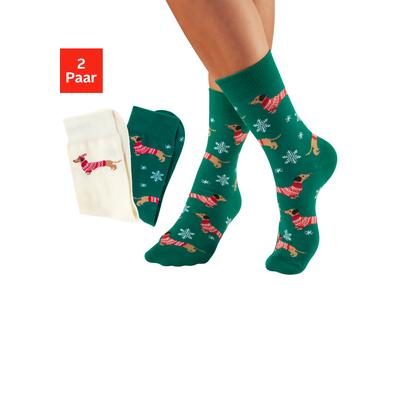 Freizeitsocken LASCANA "Damen Weihnachtssocken Dackel", Damen, Gr. 35-38, 1x grün, 1x ecru, Baumwollmischung, elastisch, Socken, mit festlichen Dackelmotiven