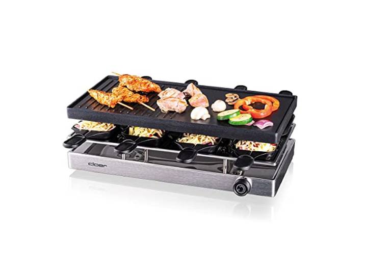 Cloer 6458 Raclettegrill mit 8 Pfännchen, Antihaftbeschichtung 1200 W Aluminium-Druckguss Platte, 8 antihaftbeschichtete Raclettepfännchen, Kunststoffspachtel, unbeheizter Parkplatz, Aluminium