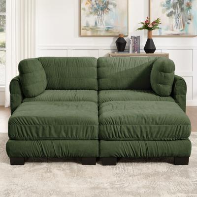 Kodotan sofa 2 Seat Ruched Detailing Chenille Modular Sectional Sofa,Movable 2 Ottomans,High-Density Foam,L Shape Thickened Back Cushions