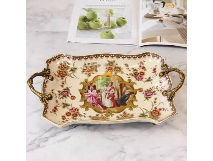 Plateau en céramique de luxe avec poignée en alliage, grand assiette de fruits, plateau de rangement décoratif pour Fruits, plateau décoratif pour la maison