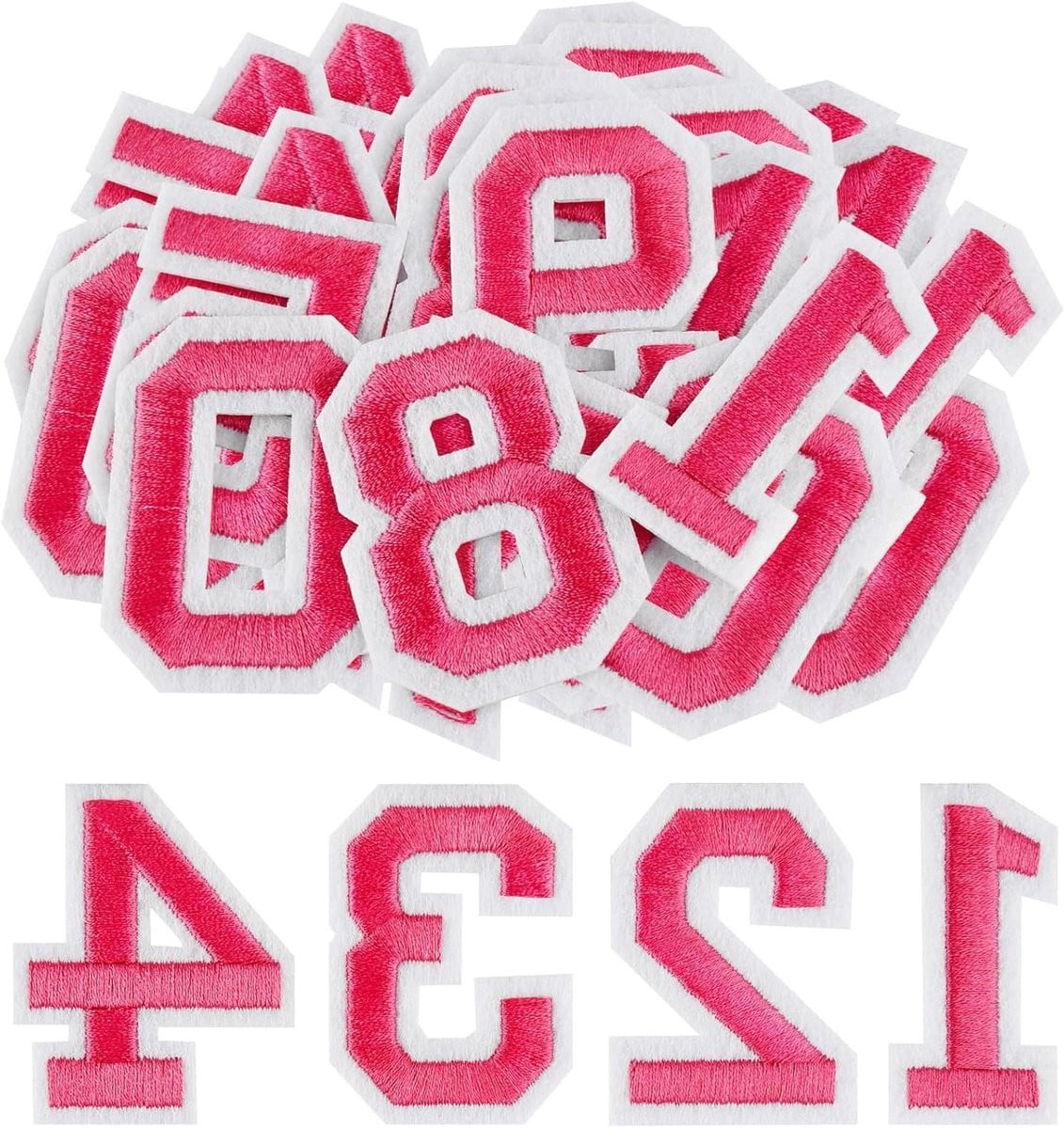 Set van 40 rozerode opstrijkbare nummerpatches voor het personaliseren van kleding, 5 cm hoog