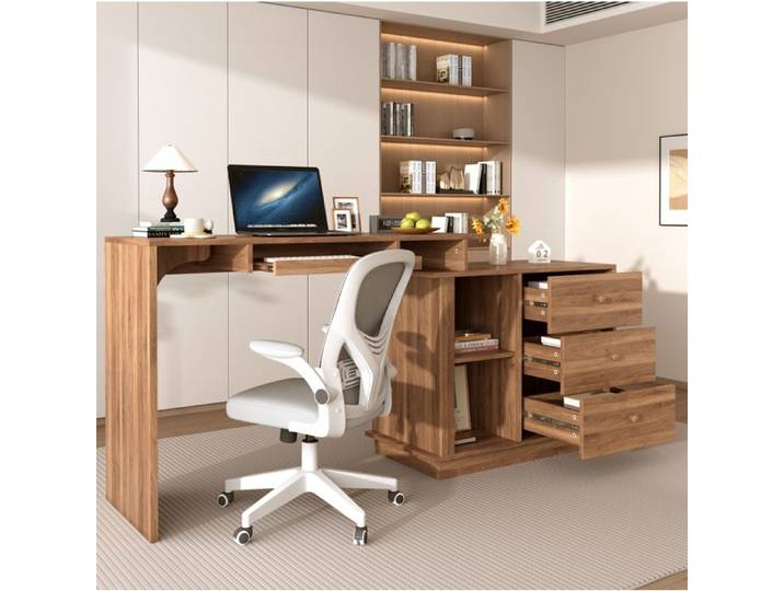 WOVREO Bureau informatique multifonction extensible 110 cm plateau coulissant tiroir clavier 3 tiroirs MDF noyer