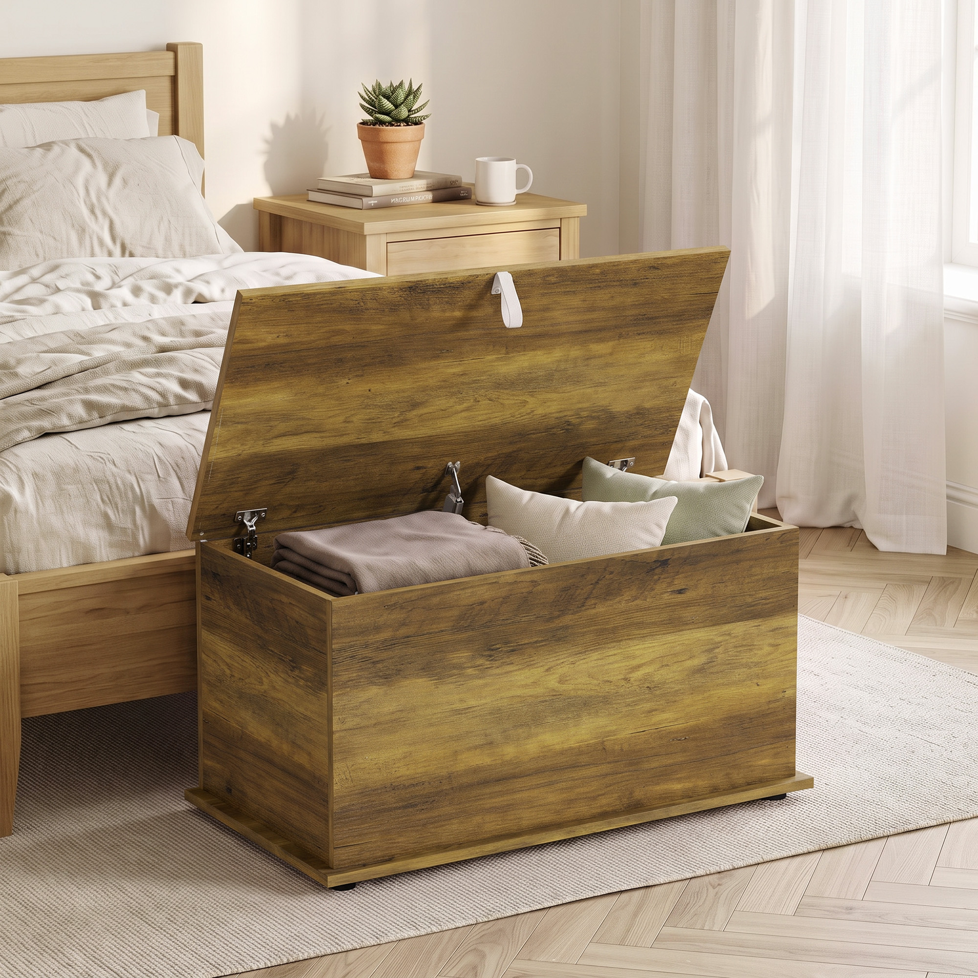 Homcom Cassapanca contenitore con coperchio ribaltabile e cerniere di sicurezza, 80x40x45 cm, marrone   Aosom Italy