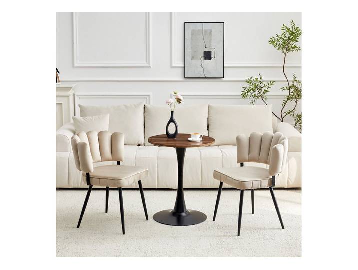Fine Life Pro Essgruppe Tisch-Set, runder MDF-Tisch, schwarzer Fuß, 60 cm, 2 Stühle, Blütenblatt-Lehne, Samt, Metallstützen