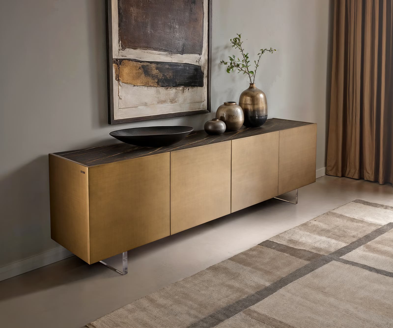 DELIFE Dressoir Kazu met 4 deuren, metaal en keramiek Laminam Noir Desir, goud en bruin, Breedte: 220 cm