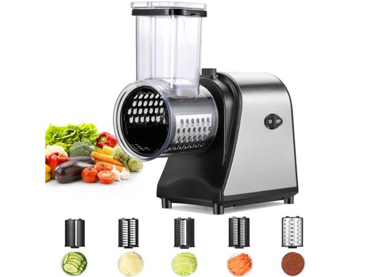 Profi Elektrischer Gemüseschneider 250W – Edelstahl Käsereibe & Gemüsehobel mit 5 Klingen – Extra breite Öffnung (9,2cm) für ganze Früchte – Schnelle Zubereitung für Meal Prep