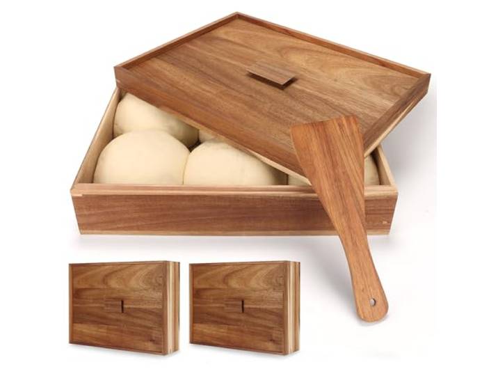 Oranbulb Pizzateig-Gärbox aus Akazienholz, mit Deckel, groß, 40,6 x 30,5 cm, Vintage-Gärbehälter, Tablett mit Spatel für Pizza, Brot, Teig, 2 Stück