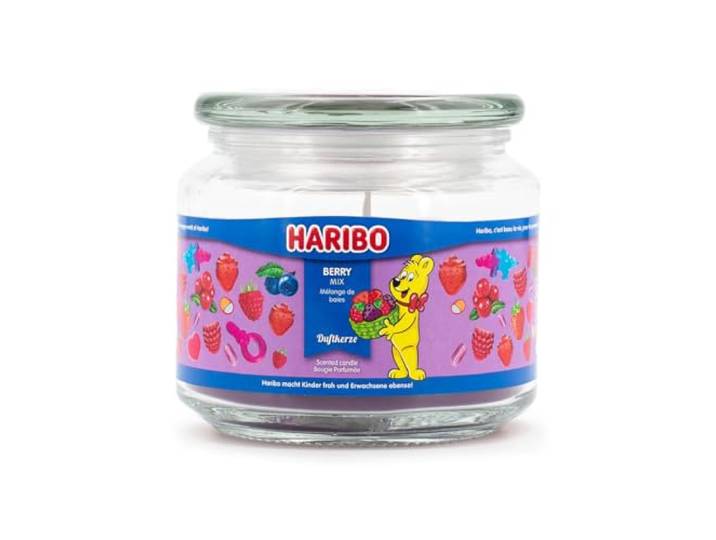 Haribo Bougie parfumée dans un verre avec couvercle - Berry Mix (300 g) - Bougie parfumée fruitée - Longue durée de combustion jusqu'à 60 h - Bougies rouges - Idée cadeau pour femme - Anniversaire