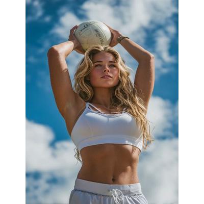 CALVENDO Puzzle Sexy Frau mit Volleyball beim Sport unter blauem Himmel | 1000 Teile Lege-Größe 64x48cm Foto-Puzzle für glückliche Stunden