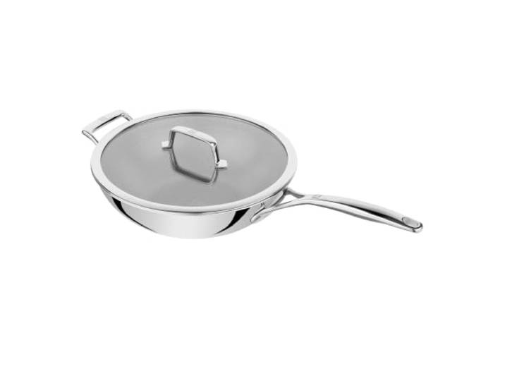 ZWILLING Peak Wok 30 cm, Edelstahl, Antihaft-Wabenbeschichtung, Besonders kratzfest, Glasdeckel, Alle Herdarten, Induktionsgeeignet, Silber-Schwarz